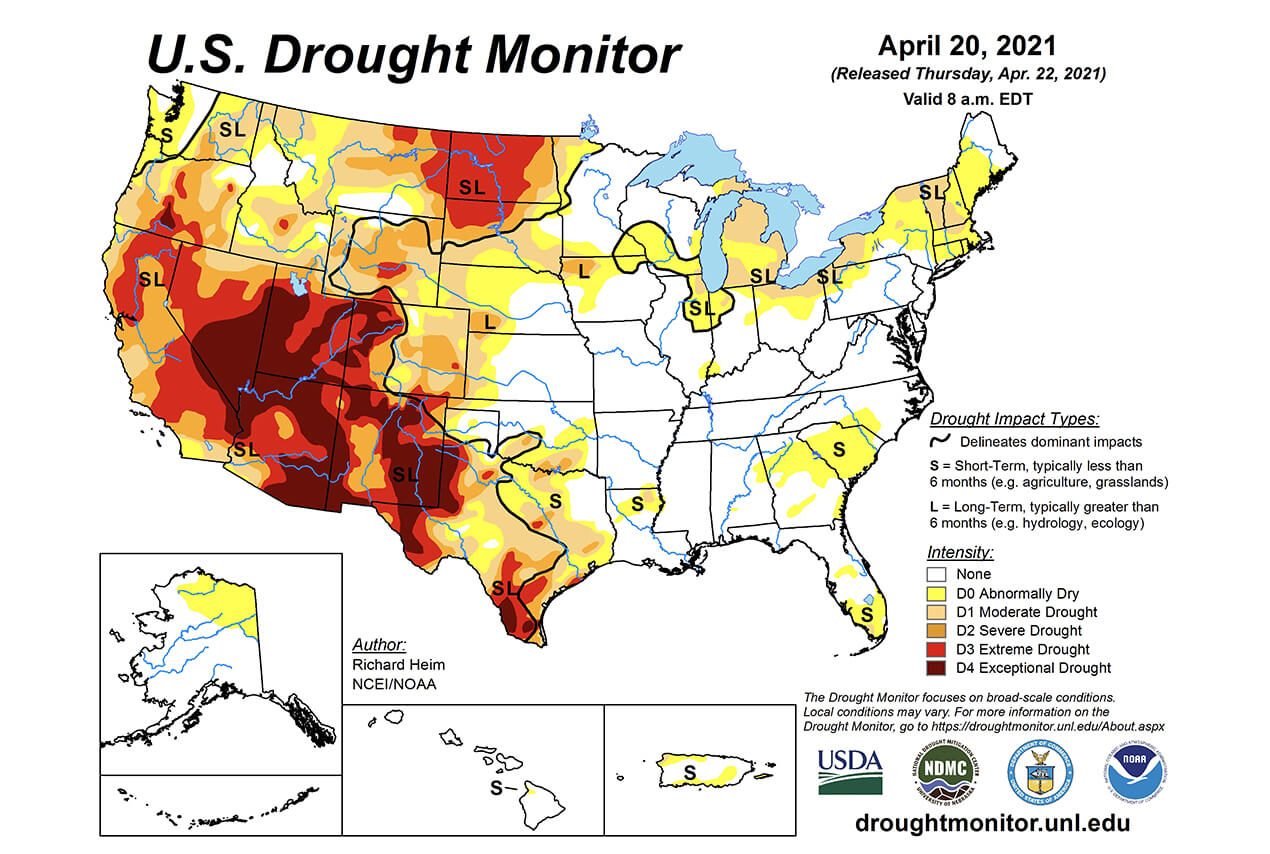 A map of the US Drought Monitor on April 20, 2021. Areas in southern Utah, Southern Nevada, Arizona, and New Mexico are experiencing exceptional drought. The majorityu of southern California as well as a portion of northern California are experiencing extreme drought