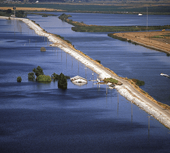 Aerial view of a flooded region in the Sacramento-San Joaquin Delta