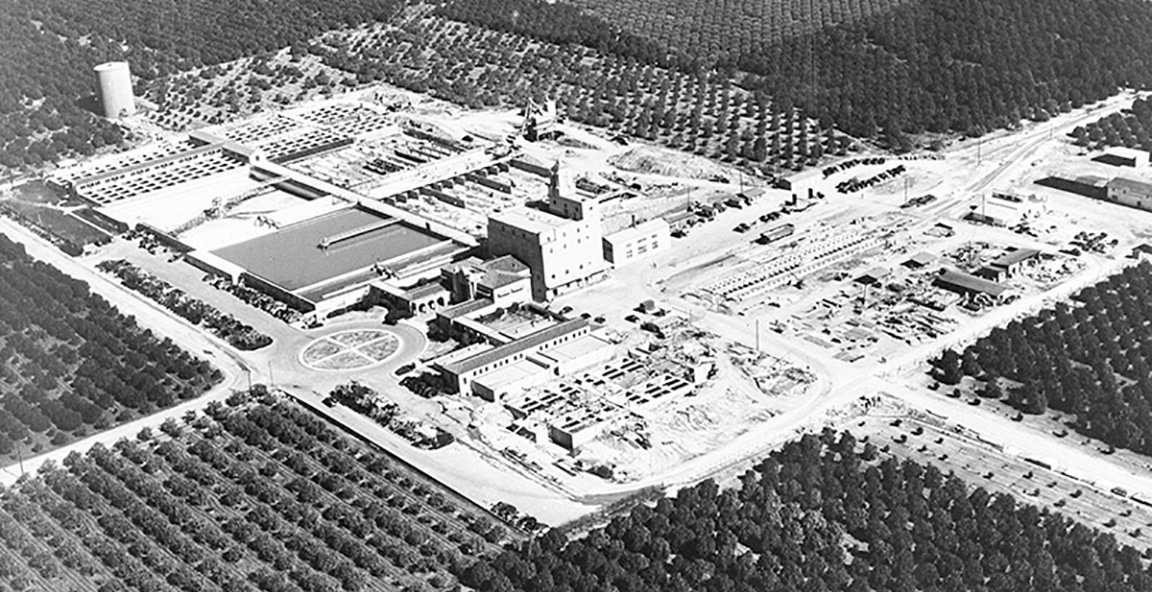 Aerial view of the Softening and Filtration Plant surrounded by orange groves. January 31, 1949.