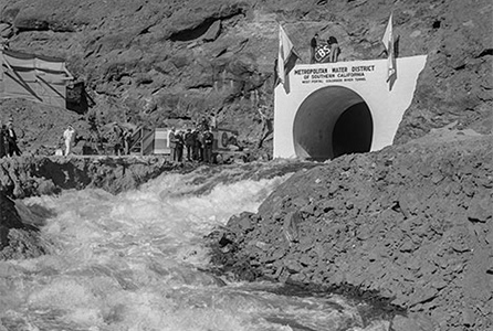 First water through Colorado River tunnel into Gene Reservoir, 1940.