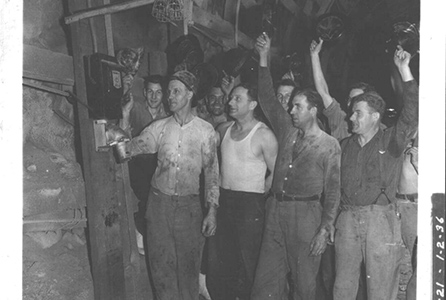 Berdoo tunnel workers firing last shot, 1936. 