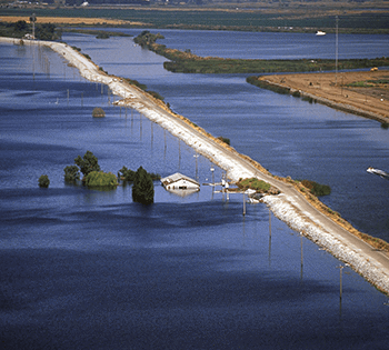 Aerial view of a flooded region in the Sacramento-San Joaquin Delta